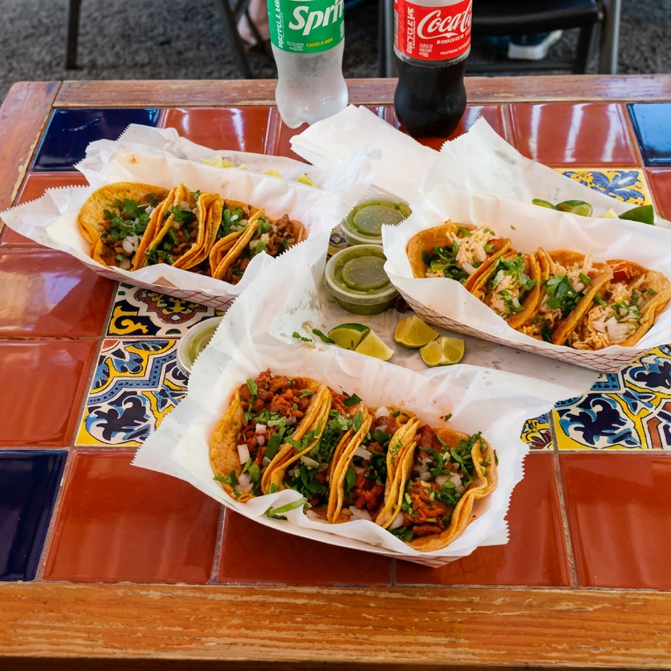 Three trays of topped tacos with lime wedges sit on a colorful tiled table beside bottled Sprite and Coca-Cola.