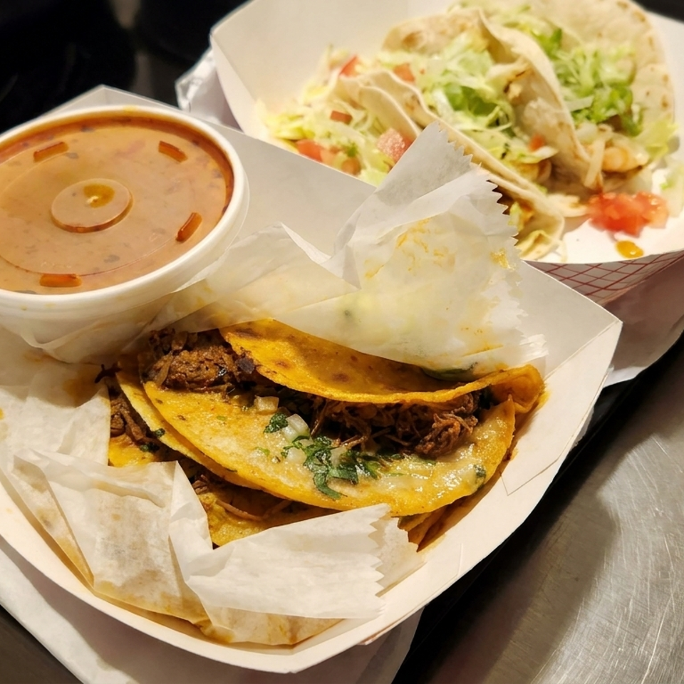 Crispy beef tacos with cilantro, a bowl of red salsa, and a lettuce-filled soft taco served in takeout trays.