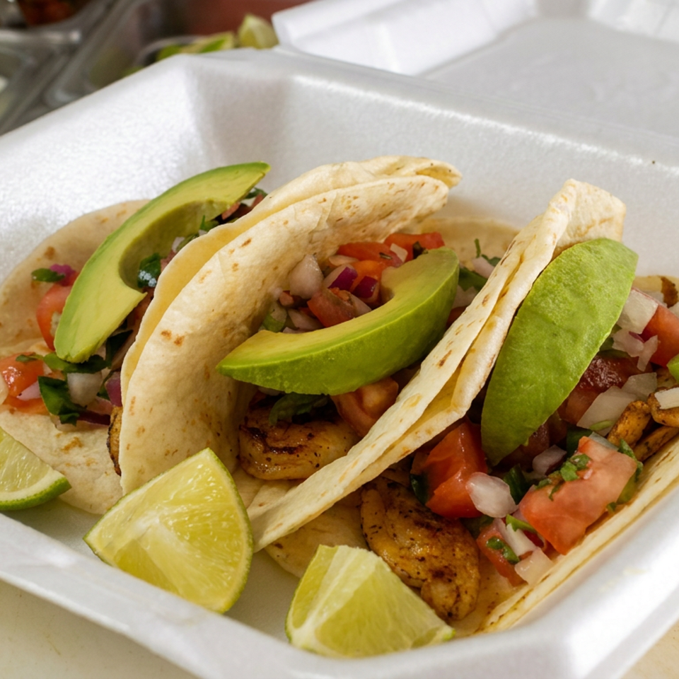 Three soft tacos filled with grilled shrimp, avocado, pico de gallo, and cilantro, served with lime wedges in a takeout container.