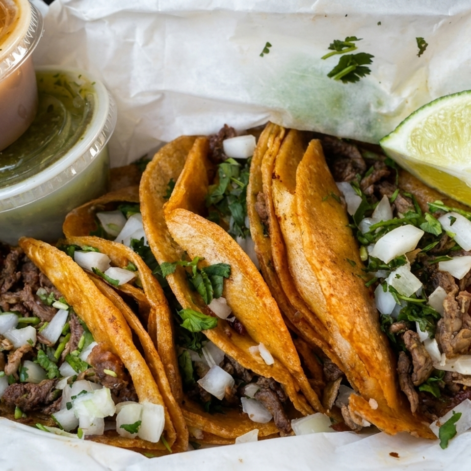 Crispy tacos filled with seasoned meat, onions, and cilantro, served with lime wedges and two cups of salsa.