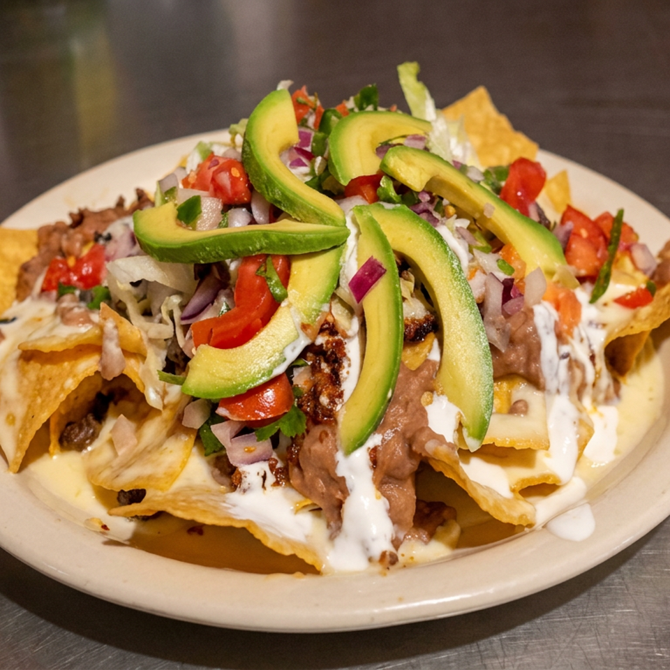 Loaded nachos topped with avocado, beans, melted cheese, tomatoes, onions, lettuce, and sour cream on a plate.